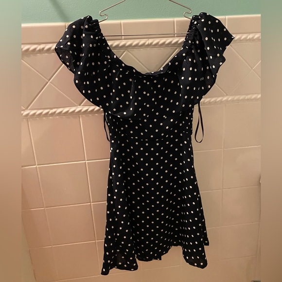 Lulus Off Shoulder Navy Polka Dot Dress - Picture 4 of 7